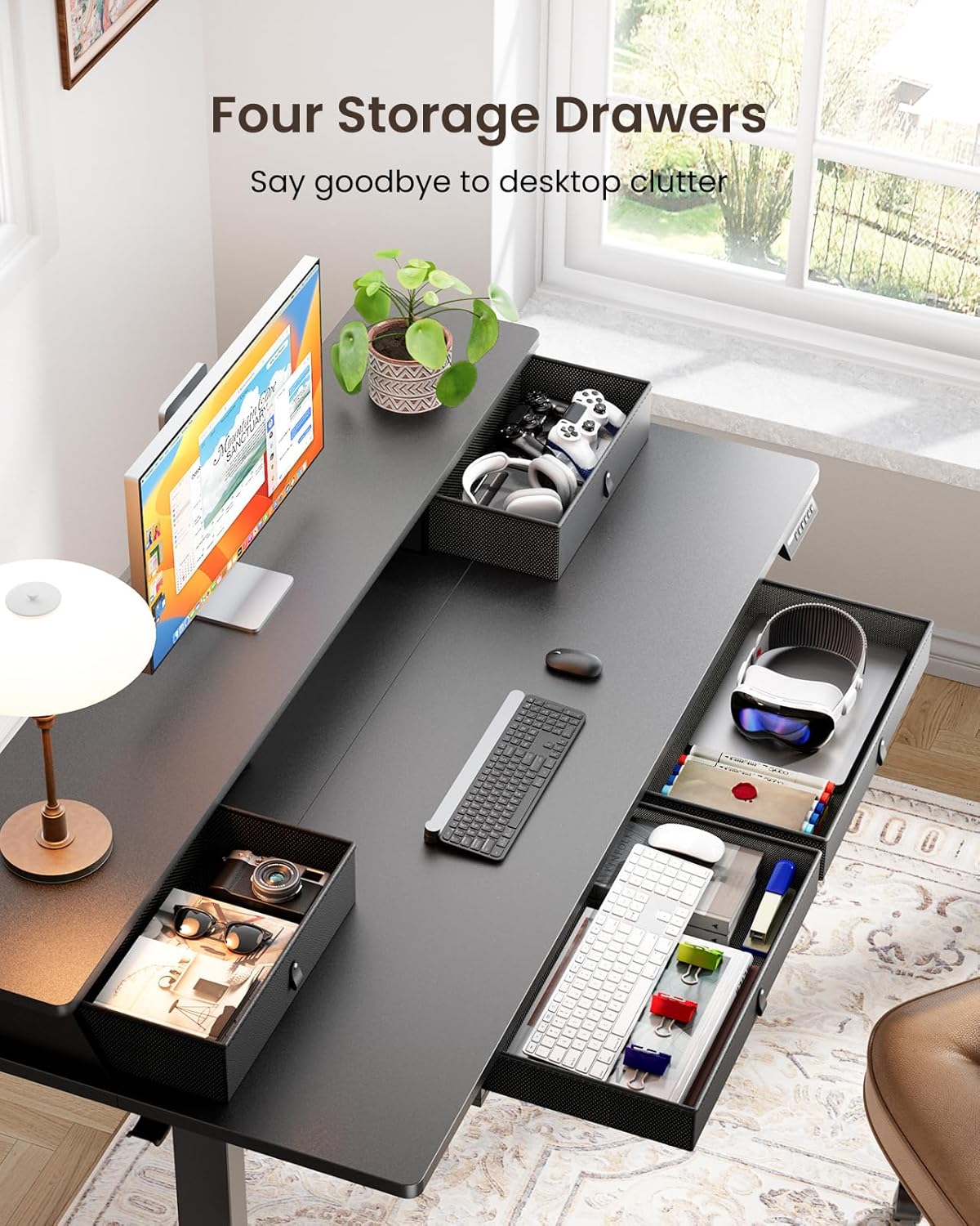 ErGear Electric Standing Desk with 4 Drawers, 55" x 30" Height Adjustable Desk with Storage, C-Clamp Mount Compatible, Computer Home Office Table with Cable Management Tray, Black