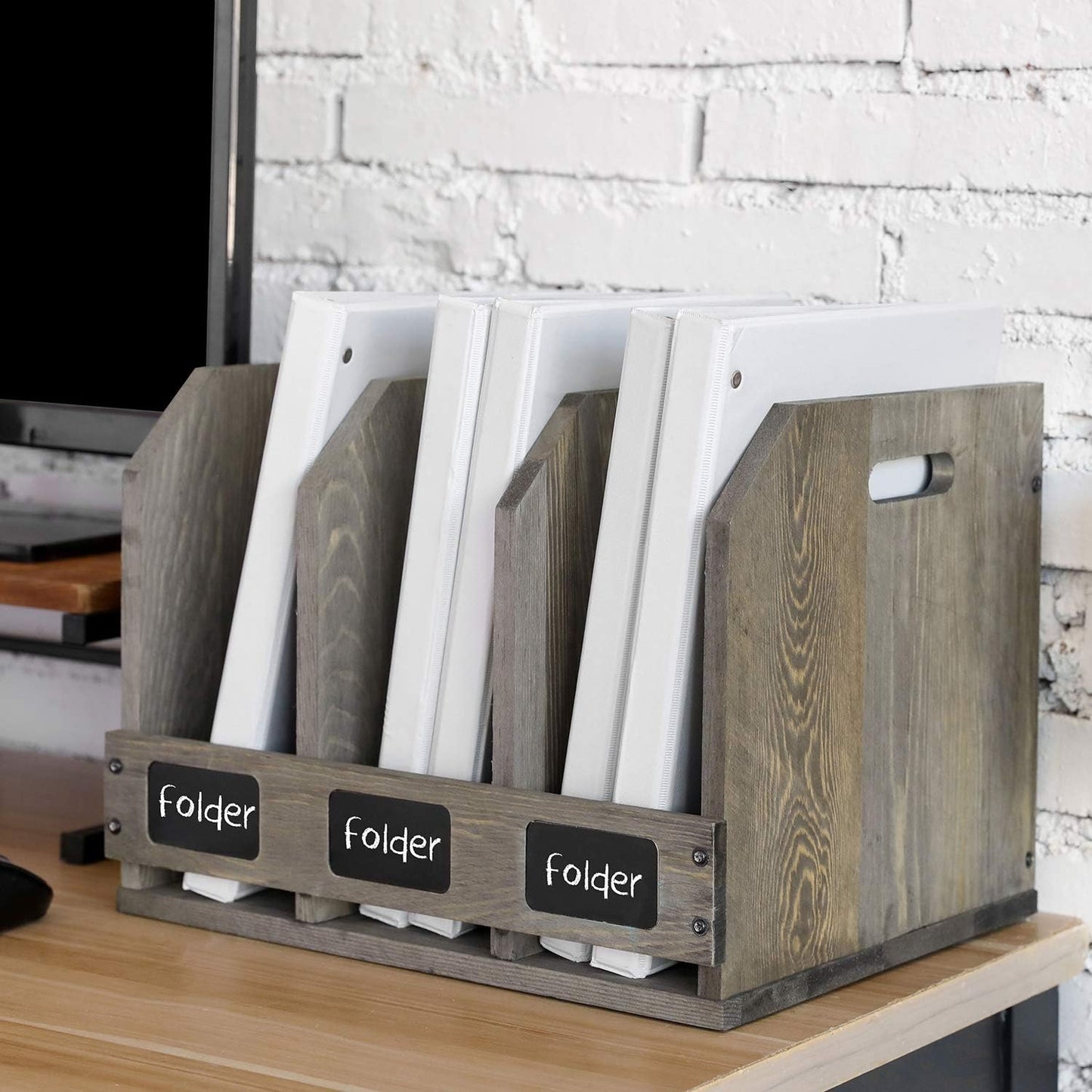 MyGift Vintage Gray Solid Wood Magazine Holder with 3 Compartments and Chalkboard Label, Office Home Desktop Document Organizer, Desk File Folder and Binder Rack