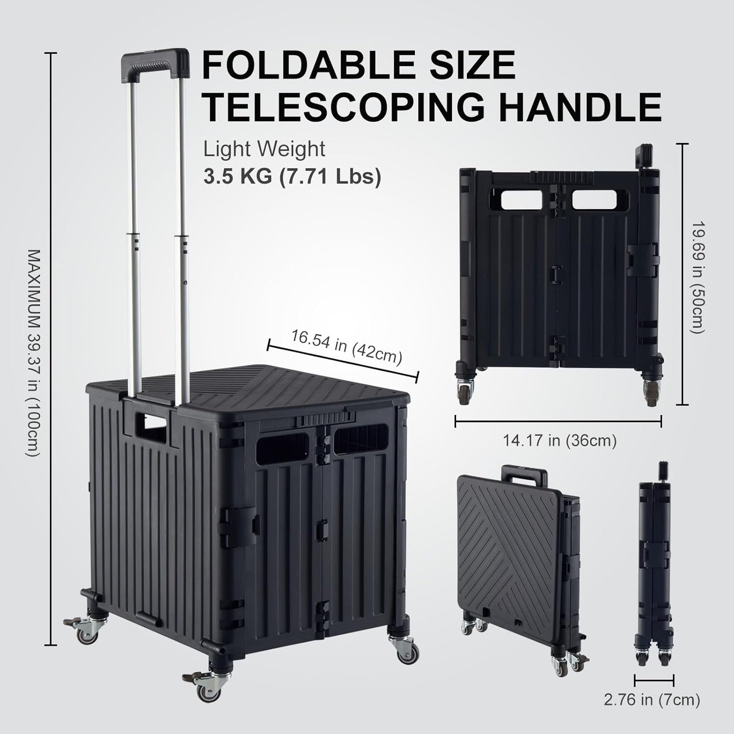 Folding Utility Cart Portable Rolling Crate Handcart Shopping Trolley Collapsible Tool Box, with Lid, Basket on 4 Rotate Wheels, for Grocery, Office, Luggage, Teacher (Black)