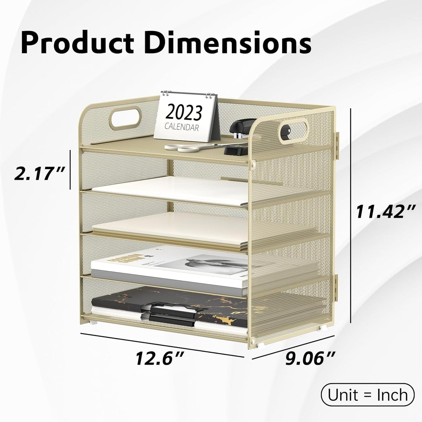 Supeasy 5 Trays Paper Organizer Letter Tray with Handle-Mesh Desk File Organizer,Pink Paper Sorter Desk Organizer for Office, Home or School (Gold Yellow)