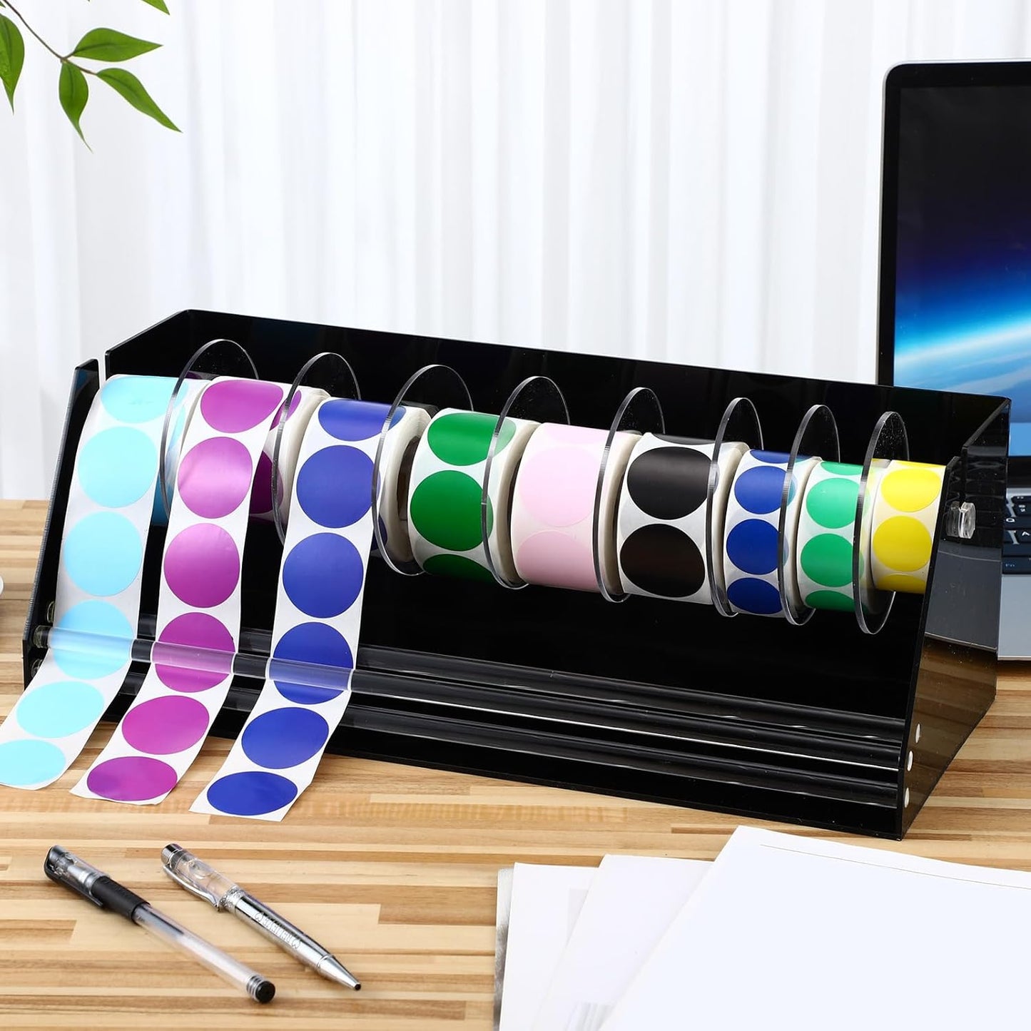 Adjustable Label Dispenser Acrylic Sticker Roll Dispenser Label Roll Holder Multi Use Sticker Holder Organizer Stand for School Gifts and Home Office Desktop(9 Disks)