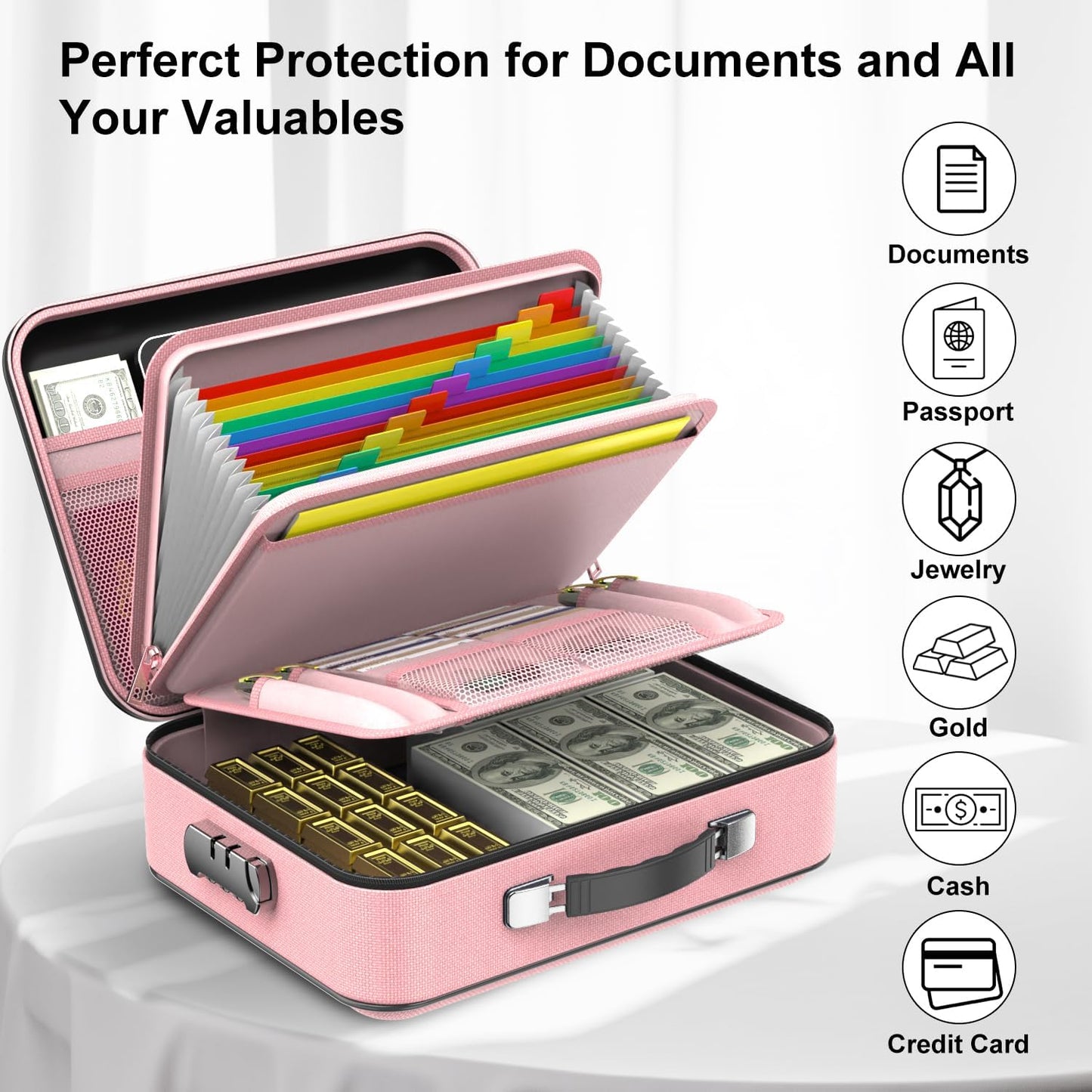 Hard Case Organizer Box with Lock, Hard-Shell Design, Fireproof, Water Resistant for Important Documents, Certificates, Laptop, Passports, Pink