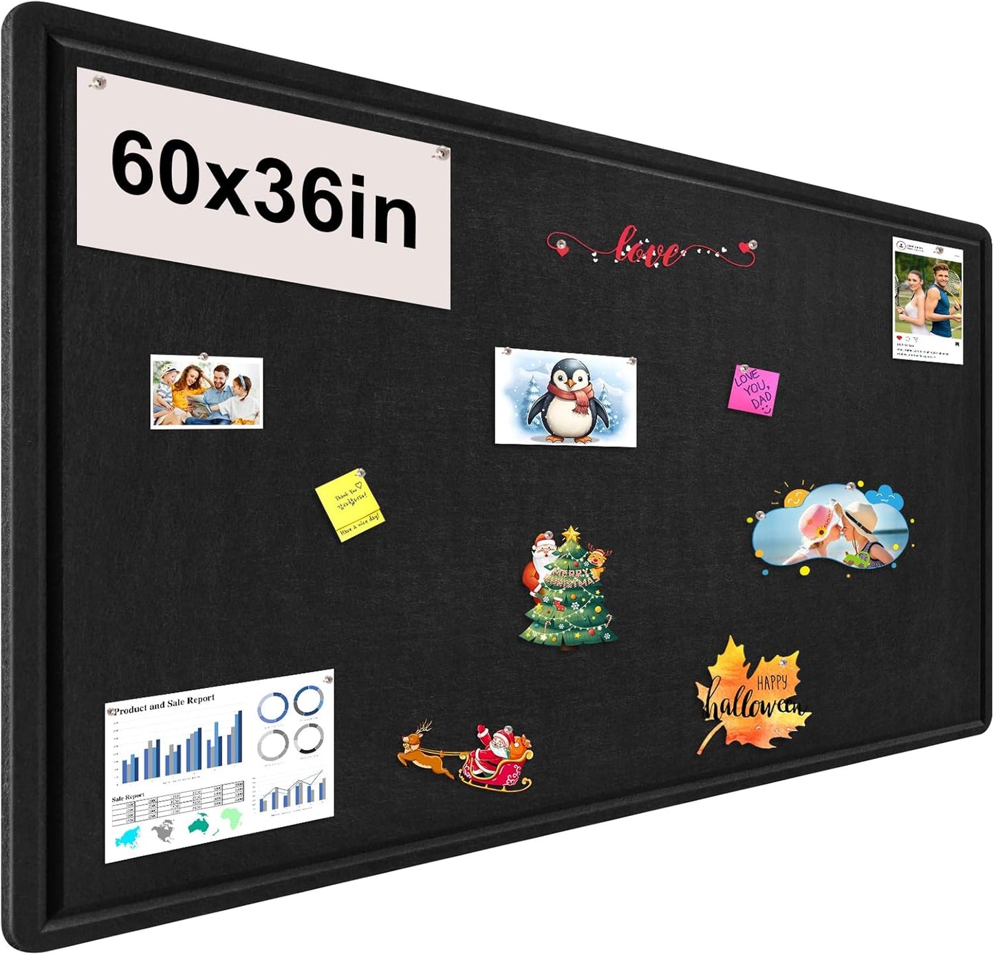 Large Bulletin Board, Foldable 60x36 Inches Cork Board Alternative, Large Felt Board Decorative Pin Board for Wall, Foldable Photo Board Self-Adhesive Vision Board with 36 Pushpins Black