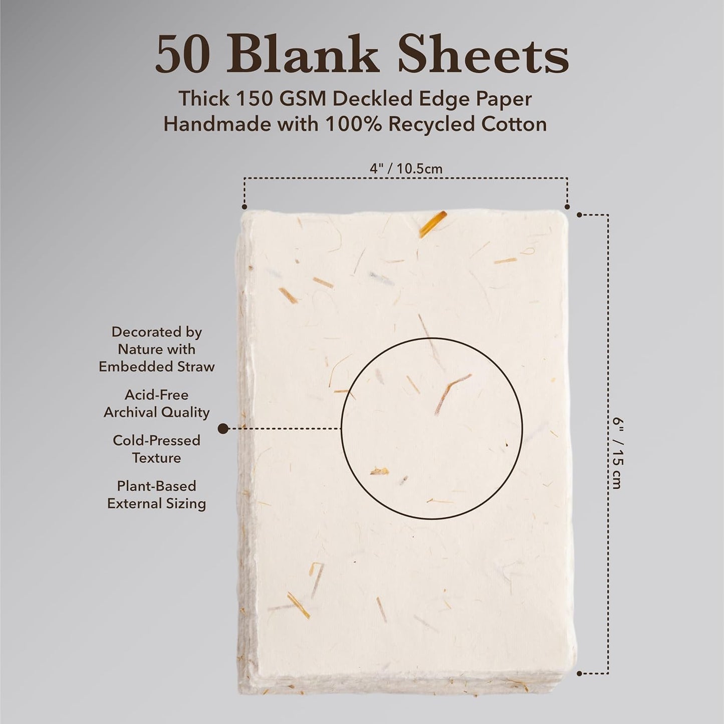 Wanderings Handmade Cream Deckle Edge Blank Paper with Straw - 4x6 - Pack of 50 - Watercolour/Mixed Media Paper - Save The Date Invitations Greeting Cards Notes DIY Arts Crafts - Thick 150 GSM