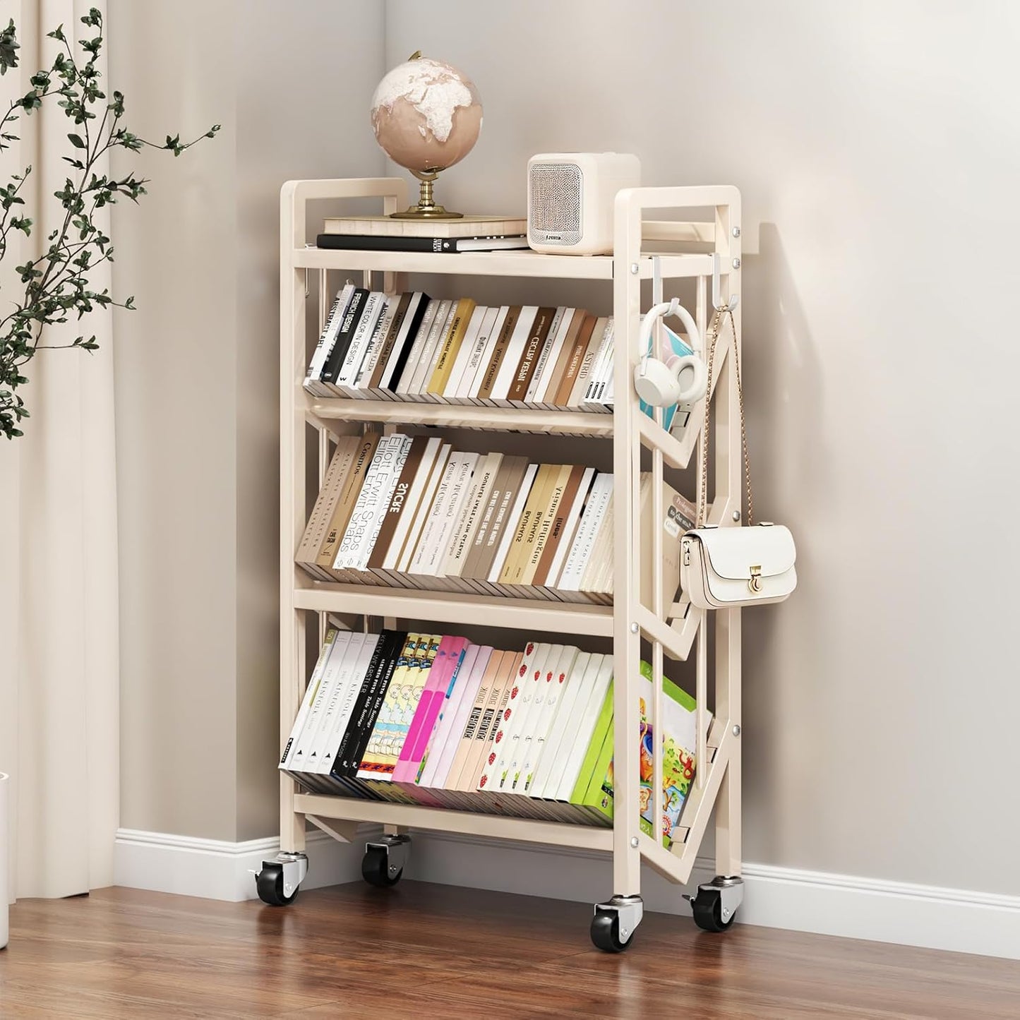 Bookshelf Movable Book Cart Multi-Layer Storage Rack Large-Capacity Rolling Cart L-Shaped Carbon Steel Shelf Suitable for Storing Books, Magazines, Newspapers, Shoes