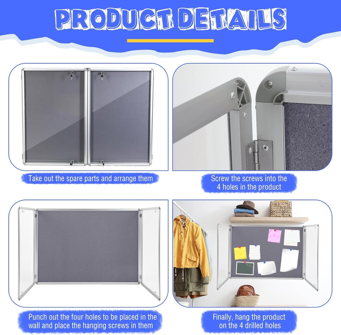 Enclosed Bulletin Board 48" x 36" Weather Resistant Lockable Notice Cork Display Board Wall Mounted 2 Locking Door for School Classroom Commercial Back to School, 12 x A4(Gray, Silver Frame)
