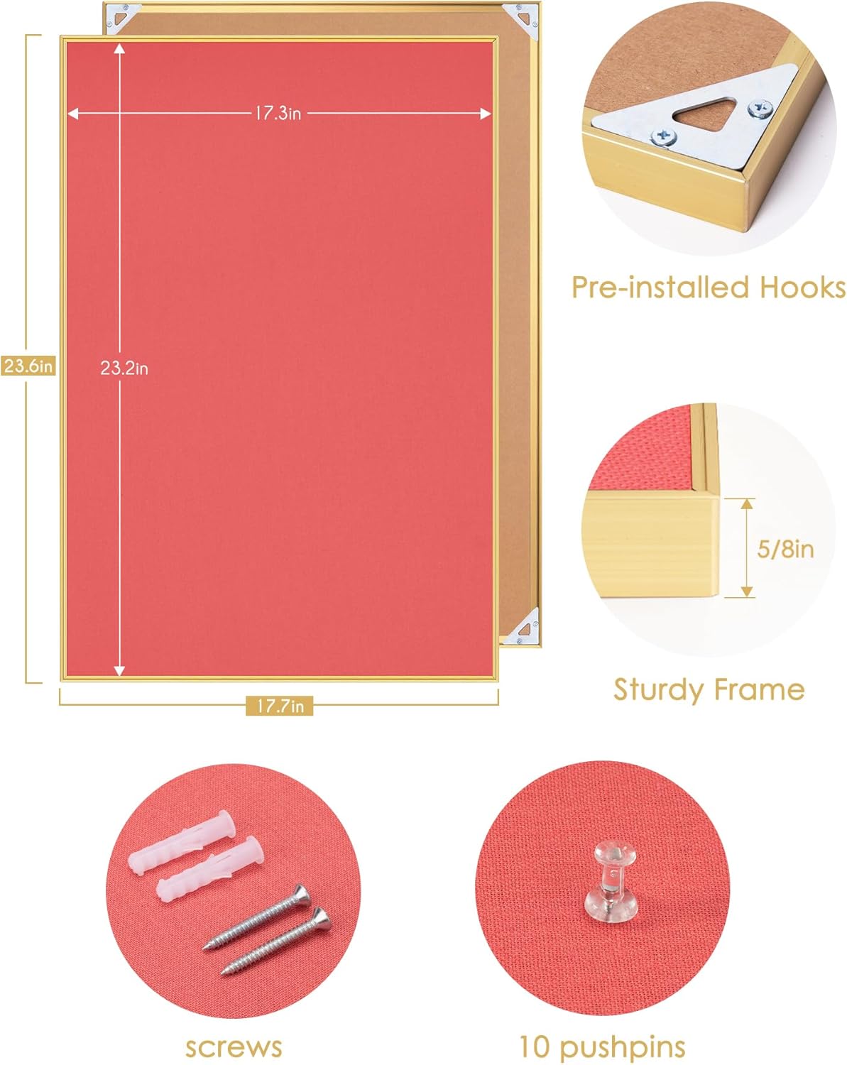 Bulletin Board 23.6 x 17.7 inches, Coral Red Pin Board, Golden Aluminum Framed Fabric Cork Board with 10 Push Pins