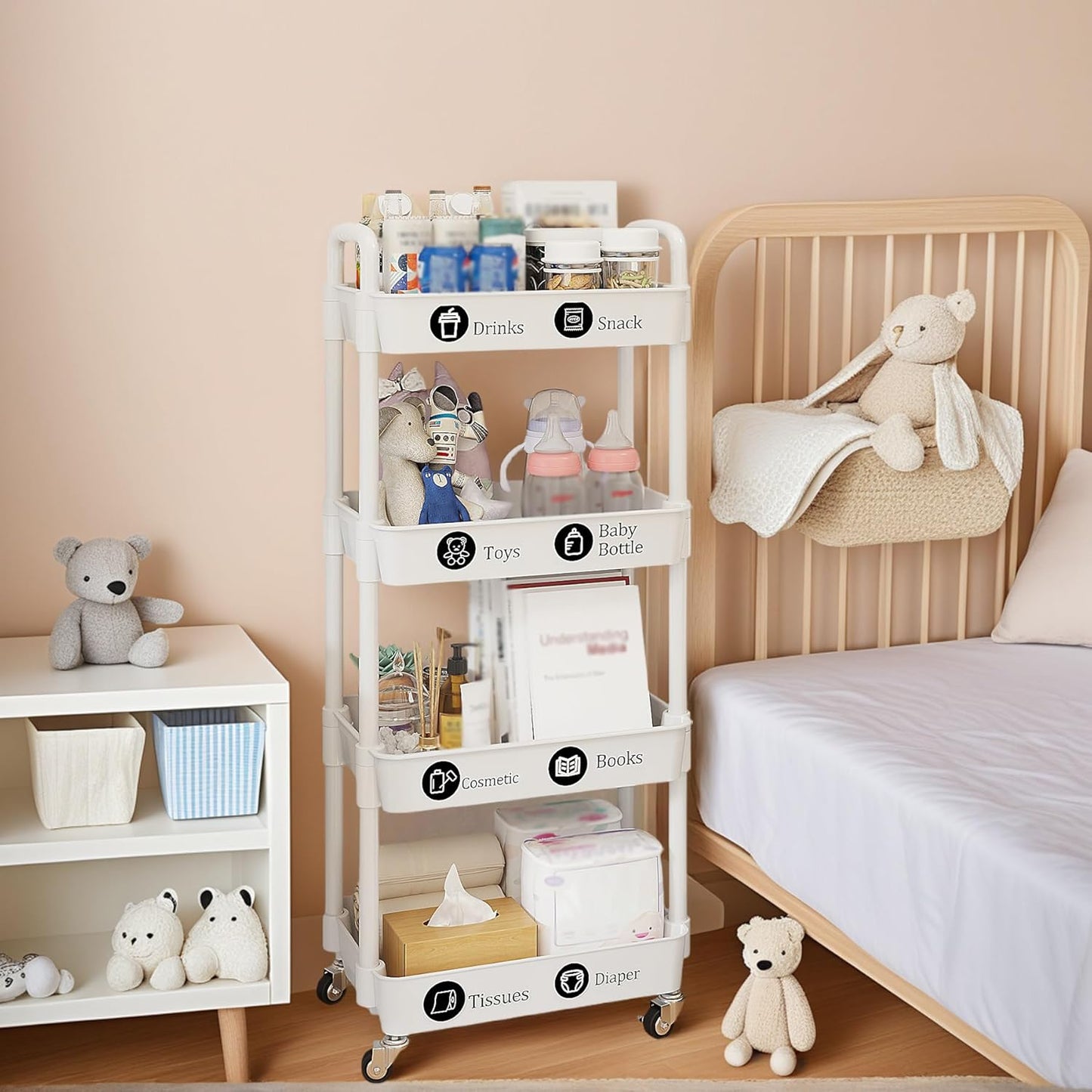 UDEAR 4-Tier Rolling Utility Cart with 12 Category Labels,Multifunctional Storage Shelves with Handle and Lockable Wheels for Room,Office,Kitchen,Bathroom,White