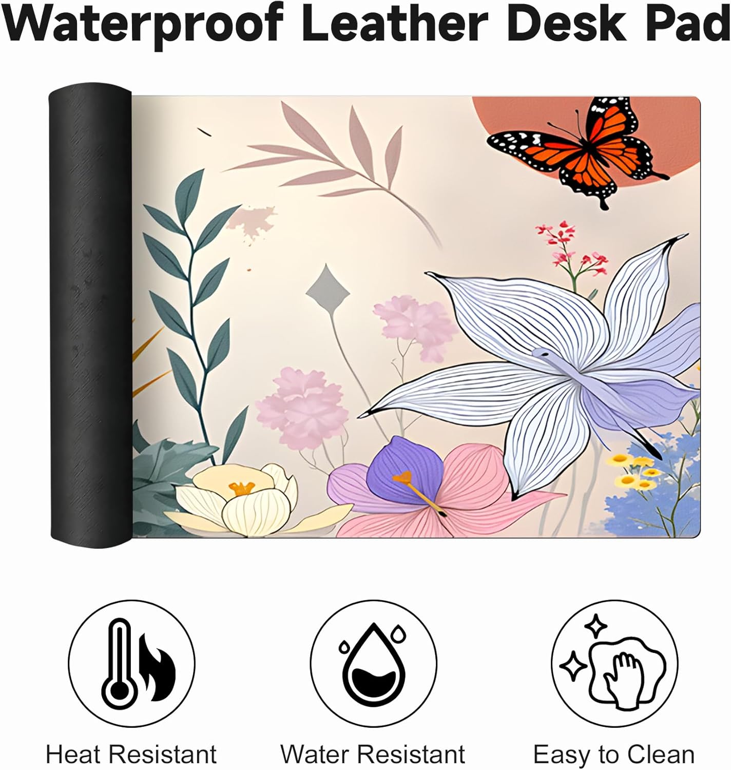 Large Gaming Mouse Pad (31.5"x11.8") - XXL PU Leather Waterproof Desk Mat with Non-Slip Rubber Base for Keyboard, PC & Office (Flower-Butterfly)