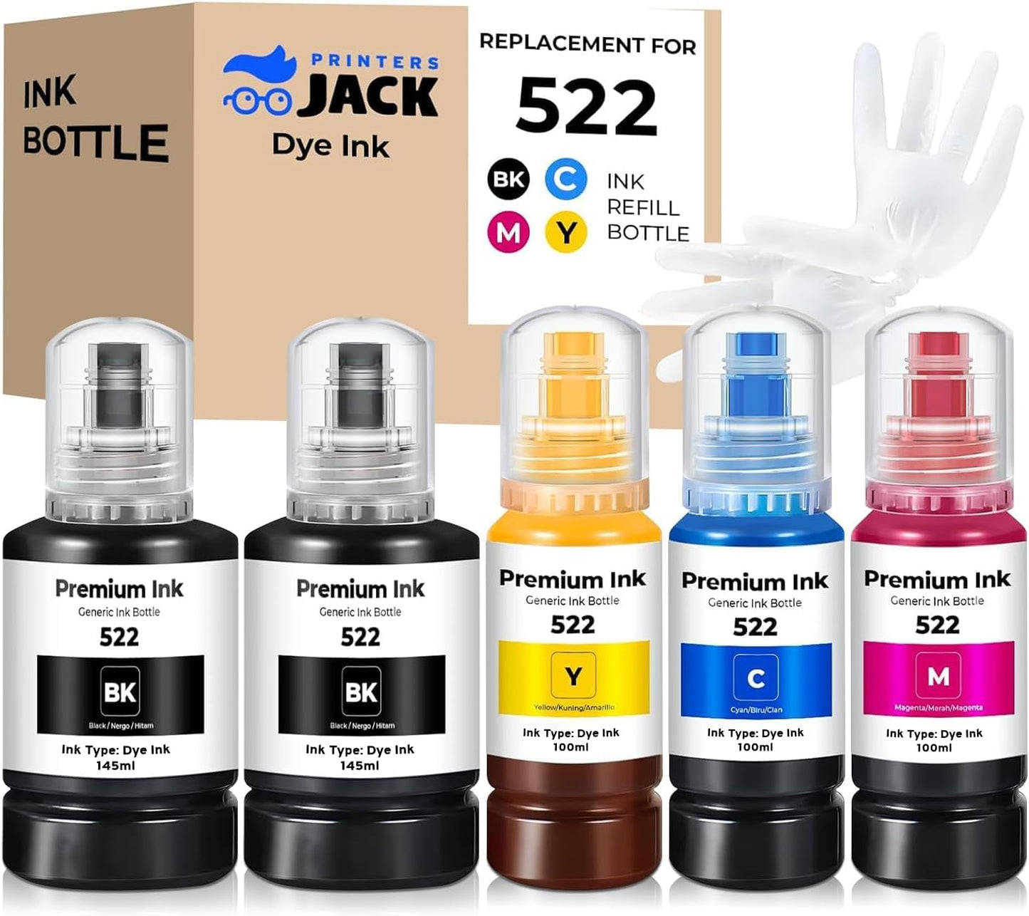 Printers Jack 522 Ink Refill Ink Bottle Kit Compatiable with T522 and Supertank ET-2800 ET-4700 ET-4800 ET-2710 ET-2720, ET-2803 Printer, (2BK C M Y)