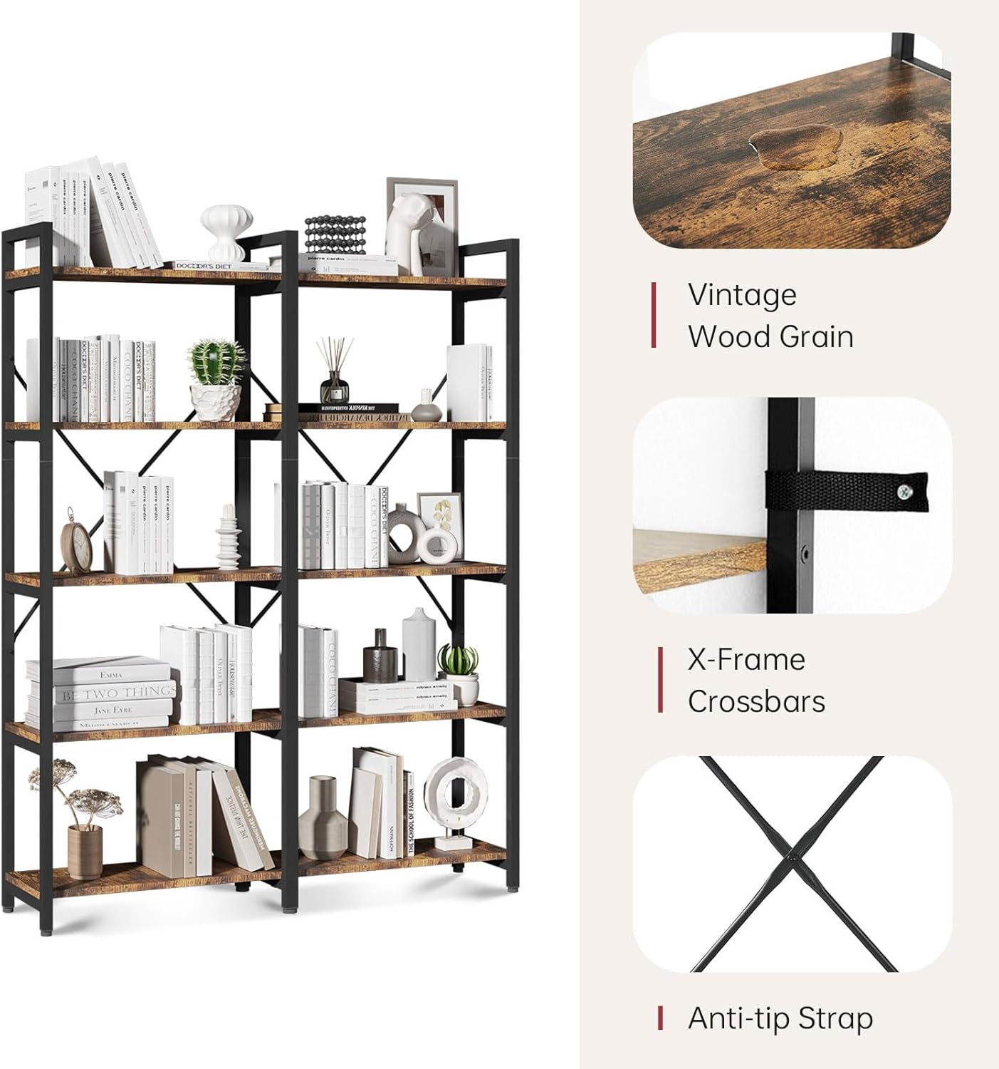 oneinmil Bookshelf 5 Tier, 58.7'' Industrial Book Shelf, Wooden Bookshelves with 10 Open Display Shelves, Vintage Storage Rack, Standing Wide Bookcase for Home and Office, Rustic Brown