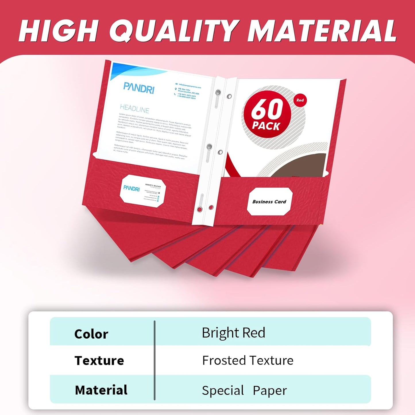 Two Pocket Folders, PANDRI 60 Pack Two Pocket Folders with Prongs, 3 Prong Folders Designed for Office and Classroom, Letter Size Red