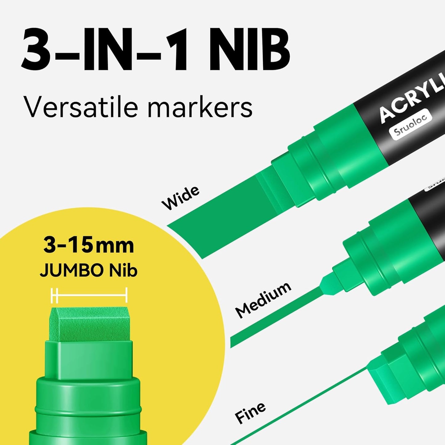 3 Jumbo Permanent Markers Green, 15mm Thick Wide Tip, Large Acrylic Paint Markers for Rock Painting, Poster, Graffiti, Stone, Ceramic, Glass, Wood, Canvas