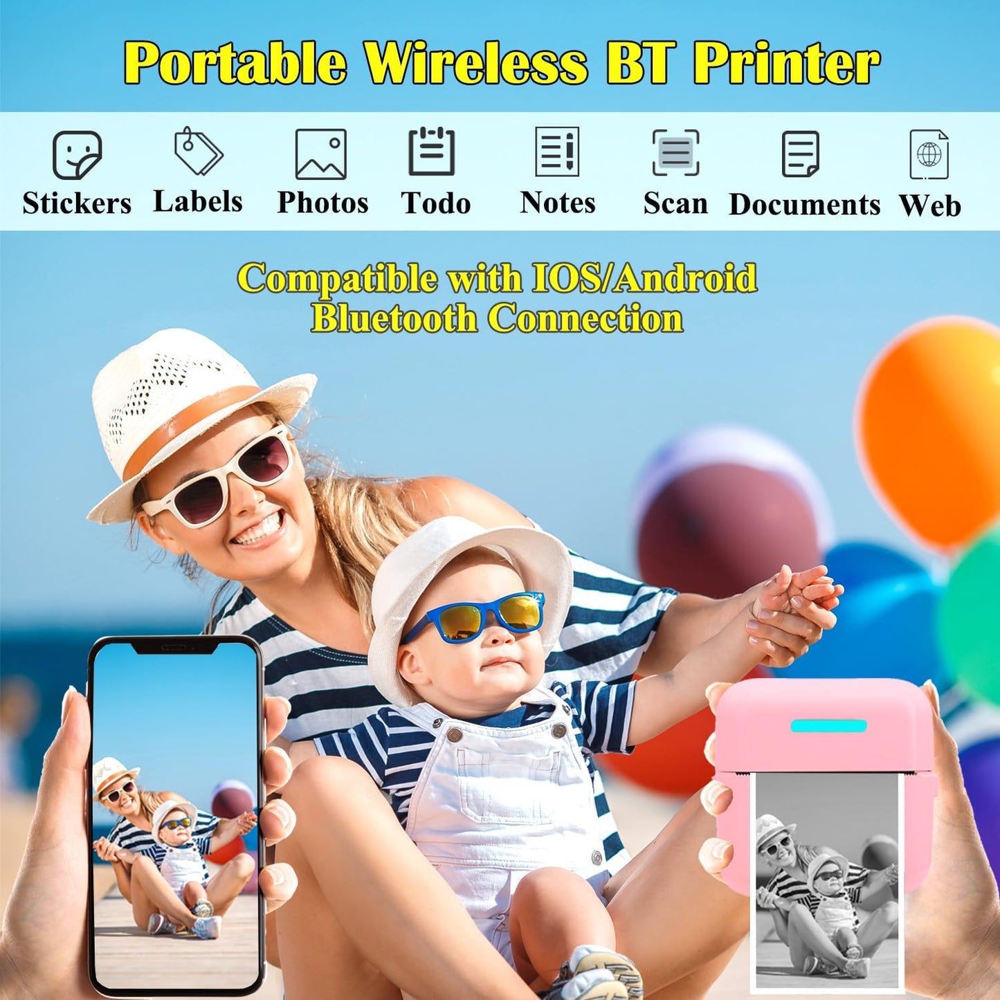 Mini Portable Printer, Inkless Sticker Printer with 12 Rolls Paper, Thermal for Notes/Photos/Stickers/Labels/Receipts, Compatible with iPhone, Android Phone & Tablet, Pink