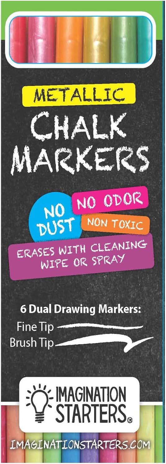 Metallic Liquid Chalk Markers for Chalkboard Signs, Coloring Mats, Window, Labels, Glass, Car- Wet Wipe Ink Chalk Board Markers, Dual Tip (Brush/Fine) Liquid Chalk Pens