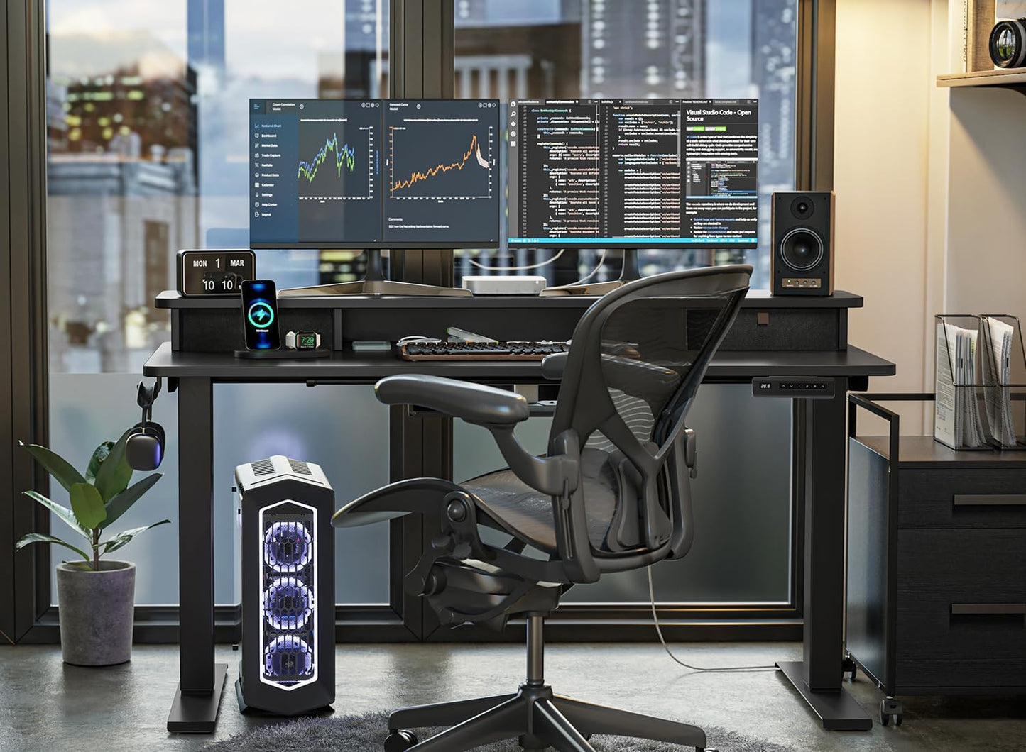 FEZIBO 48 x 24 Inch Height Adjustable Electric Standing Desk with Double Drawer, Computer Desk, Home Office Stand Up Table with 4 Height-Adjustable Feets & 2 Hooks, Black