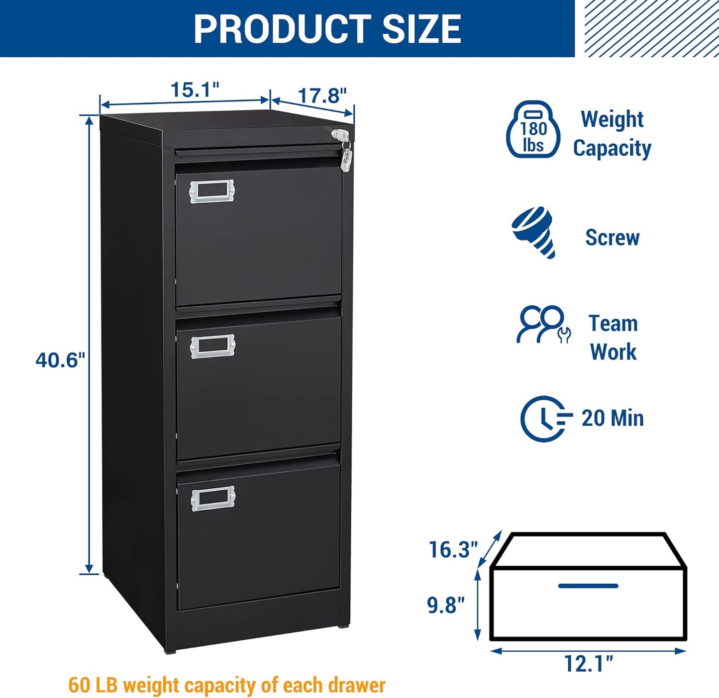 Vertical File Cabinets - 3 Drawers 17.8" Deep Lockable Filing Cabinet - Metal Storage Cabinets for Home Office to Hanging Files Letter/Legal/F4/A4 Size