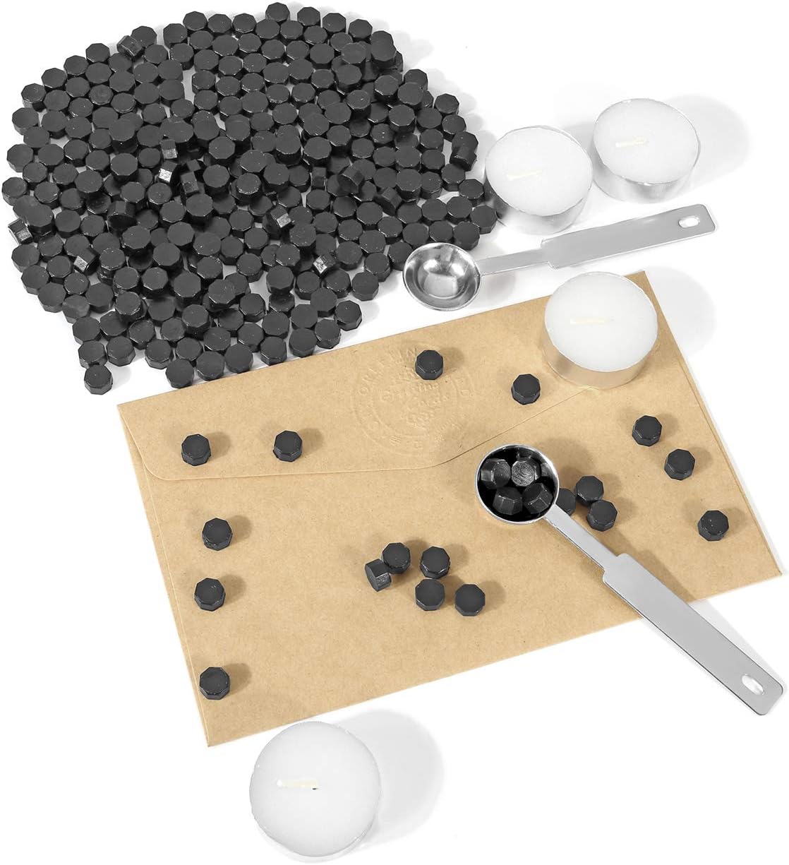 Black Sealing Wax Beads, Yoption 300 Pcs Octagon Wax Seal Beads Kit with 2 Melting Spoon and 4 Candles for Wedding Invitation Envelopes Gift Wrapping (Black)
