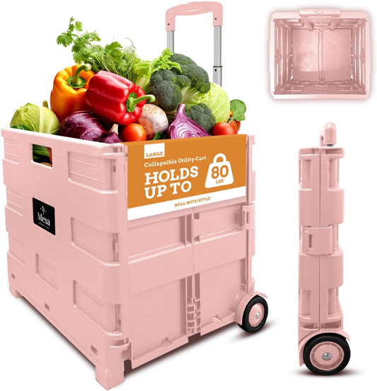 Inspired Living Ultra-Slim Rolling Collapsible Storage Pack-N-Roll Utility-carts, with Telescopic Handle, for Home, Garden, Shopping, Office, School use, Large, Raspberry Pink