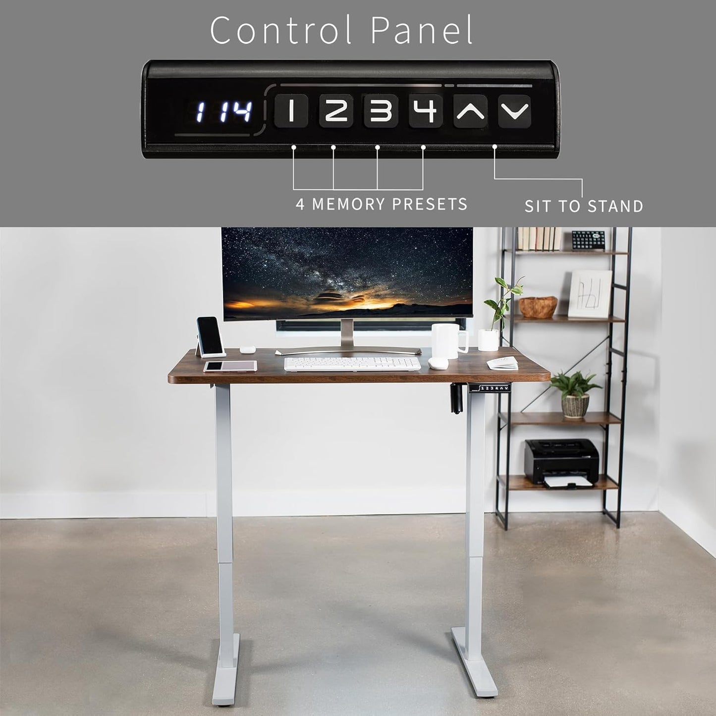 VIVO Electric 48 x 30 in Rustic Standing Desk, Memory Height Adjustment, 1B Series, One-Piece Vintage Brown Top, Gray Frame, DESK-KIT-1G5N