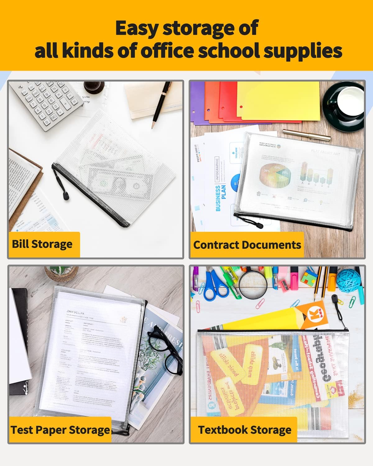 SUNEE Plastic Mesh Zipper Pouch 9x13 in (Black, 18 Packs),Extra Large Water-Resistant Zip Bag for School Office Supplies, Puzzles & Games Organizing Storage