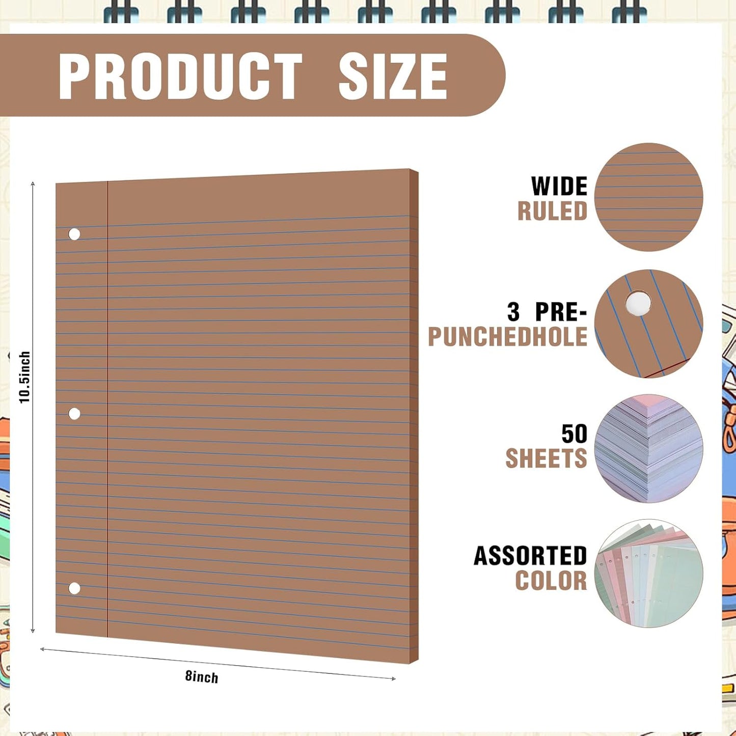 PerKoop 12 Pack 600 Sheets Colored Lined Paper Bulk Wide Ruled 8 x 10.5 Inches, Pastel Loose Leaf Notebook Paper 3 Hole Punched Filler for Back School Classroom Supplies(Morandi Color)