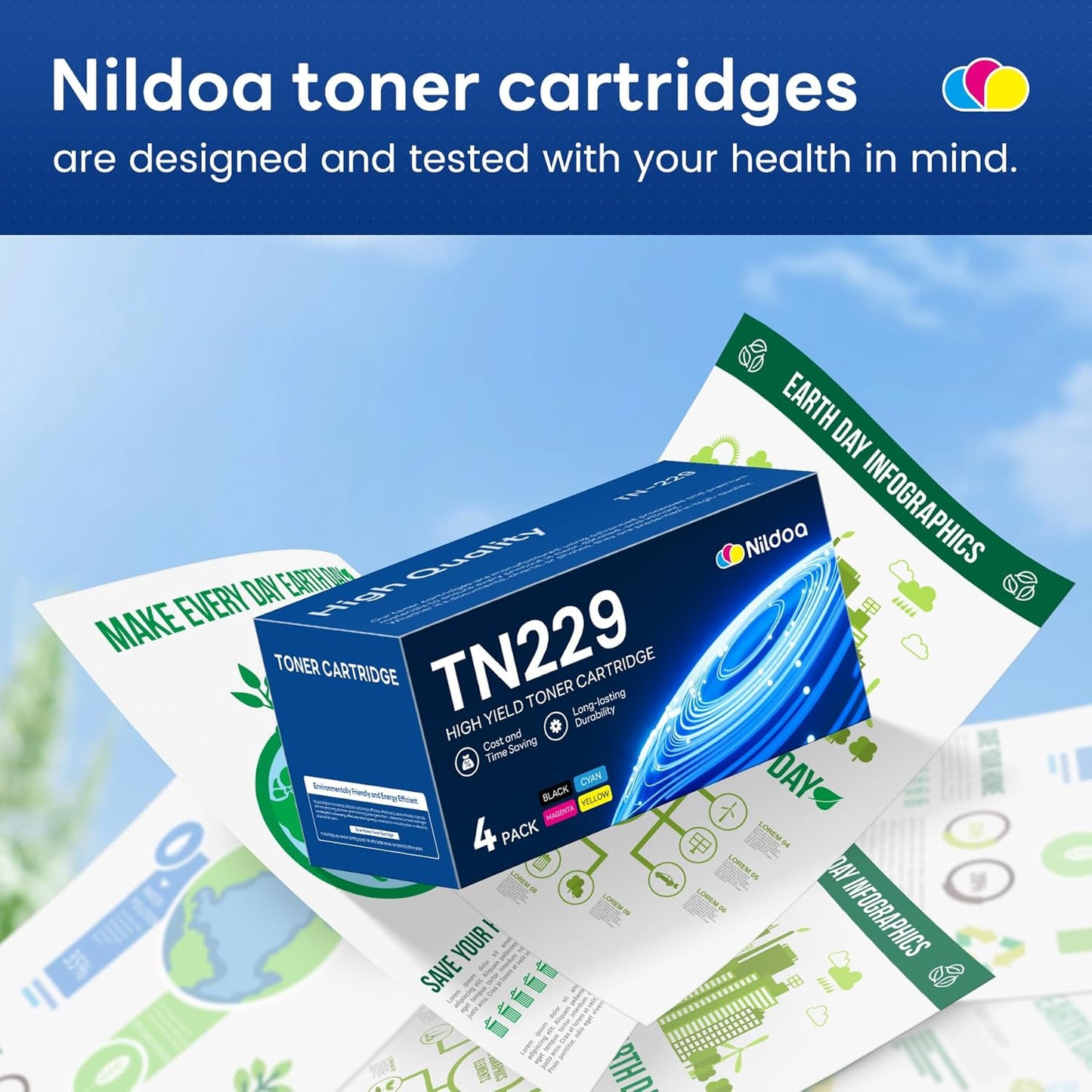 TN229 Toner Cartridges 4 Pack Replacement for Brother TN229BK/C/M/Y TN-229 MFC-L3720CDW MFC-L3780CDW HL-L3280CDW Printer Ink (TN2294PK Black Cyan Magenta Yellow)