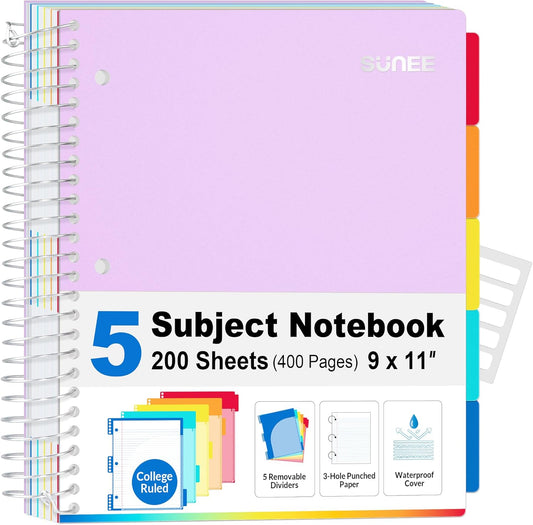 SUNEE 5 Subject Notebook College Ruled - 400 Pages, 9"x11", 5 Pocket Colored Dividers, 3-Hole Punched Paper, Purple