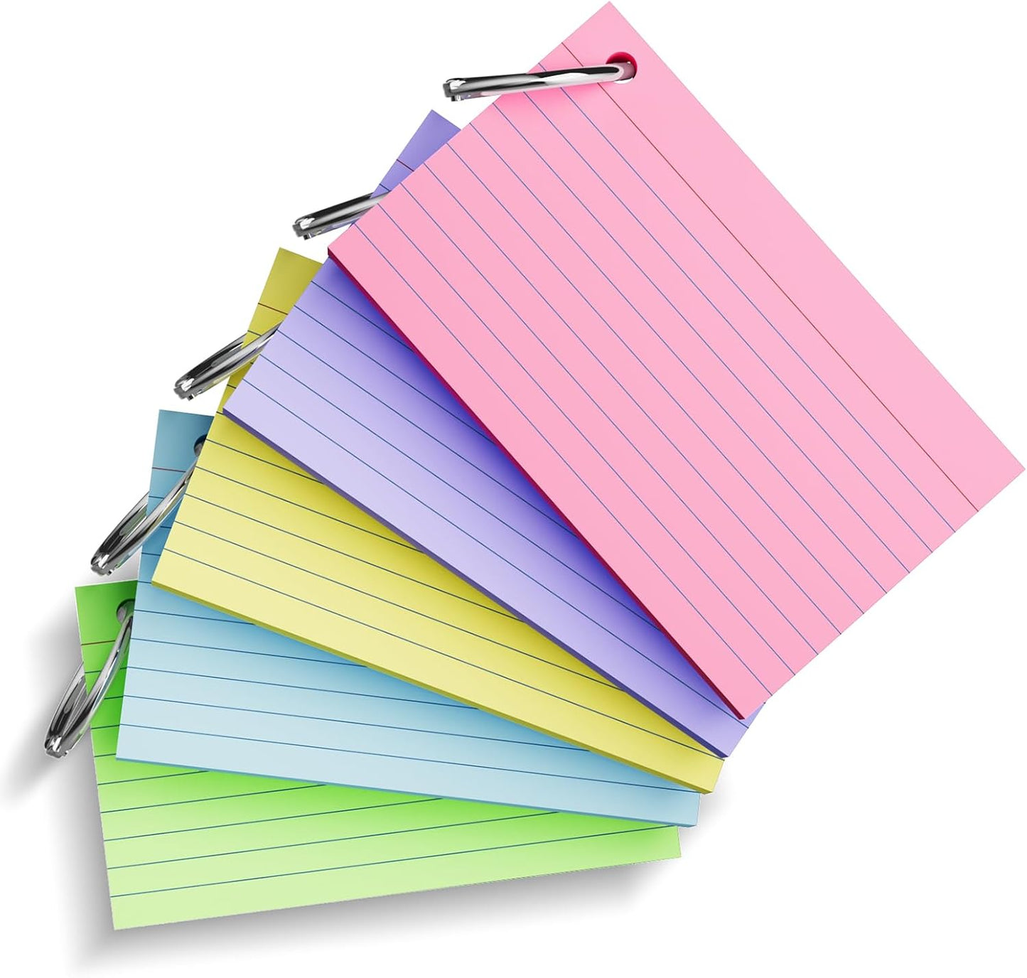 250 Count Index Cards 3x5 Inch with Key Ring, 180gsm Heavy Weight Colored Flash Cards 5 Color Assortment (50 Sheets Each), Note Taking for Students, Teachers, Study Note Cards for Office Home School