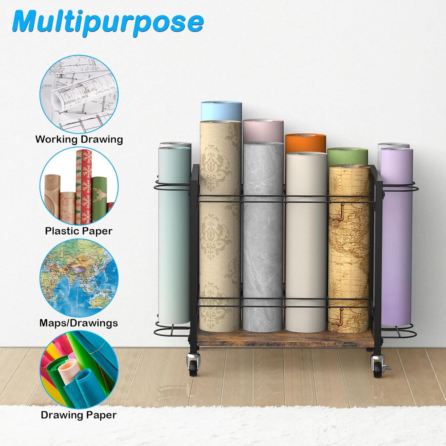 Blueprint Storage Rack Cart,18 Slots Blueprint Holder with Wheels,Used for Wrapping Paper Storage,Gift Wrapping Organizer Storage,Organizing Posters, Architectural Plans and Artwork Stably(Brown)