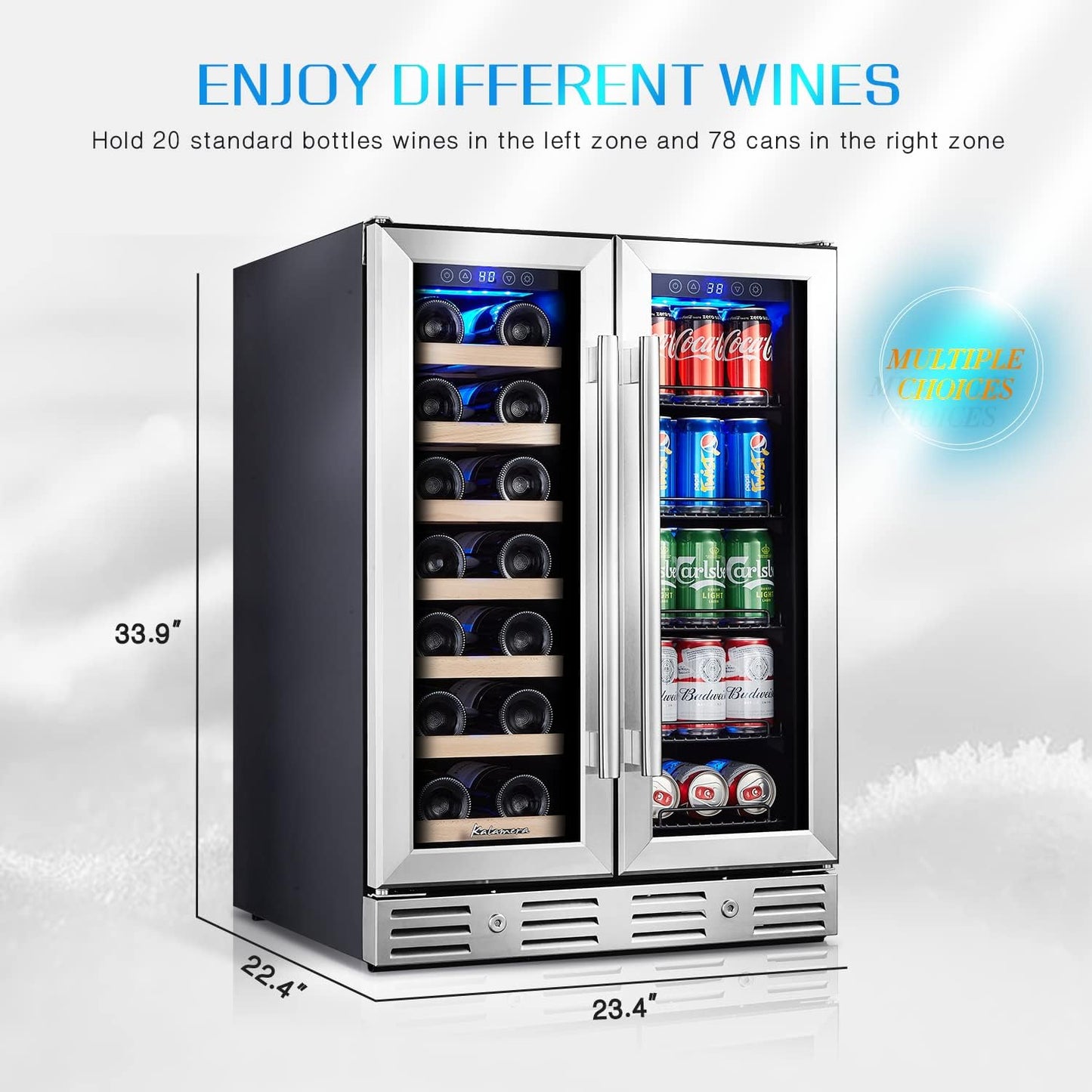 24 Inch Wine and Beverage Fridge, Wine Refrigerator Dual Zone Hold 20 Bottles and 78 Cans,Built-In or Freestanding Digital Touch Control