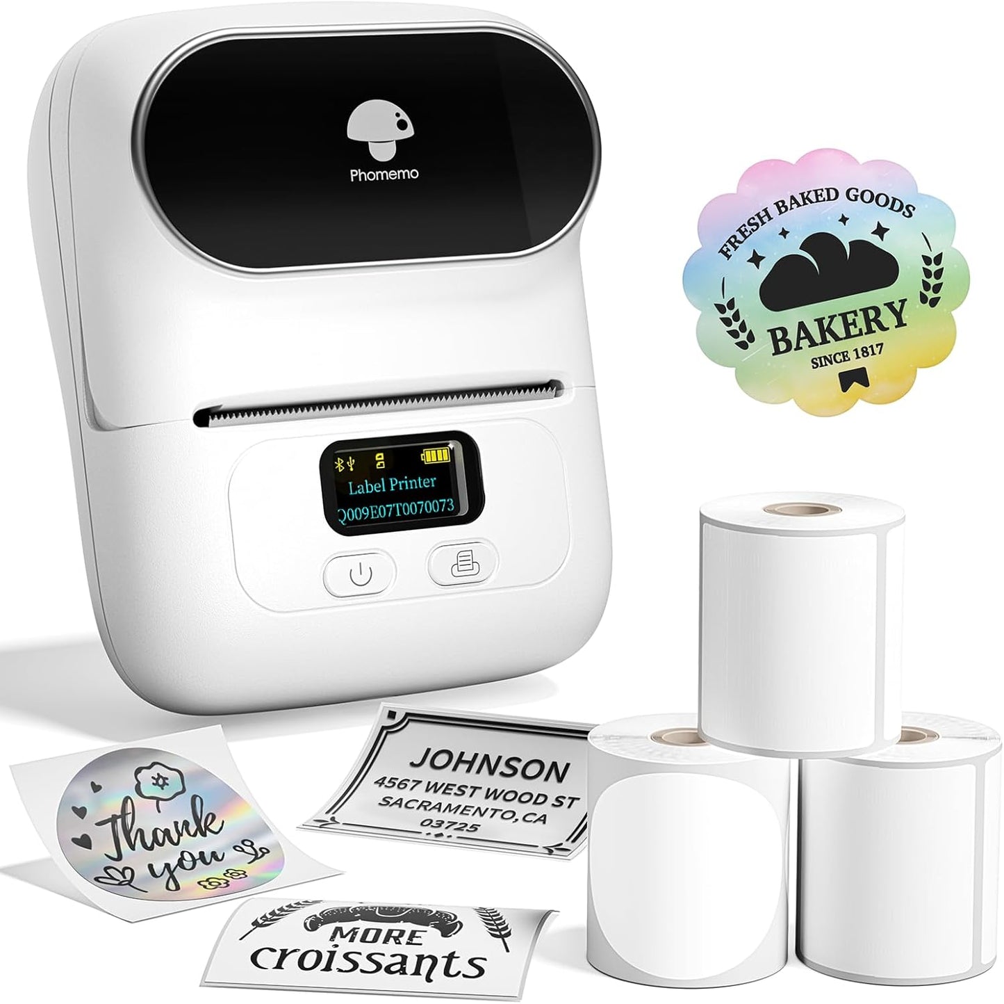 Phomemo M110 Label Printer - Bluetooth Portable Label Maker No Ink, Mini Barcode Label Printer for Retail, Address, Barcode, Home, for PC/Mac, iOS/Android with 3pack Most Used Labels, Snow White