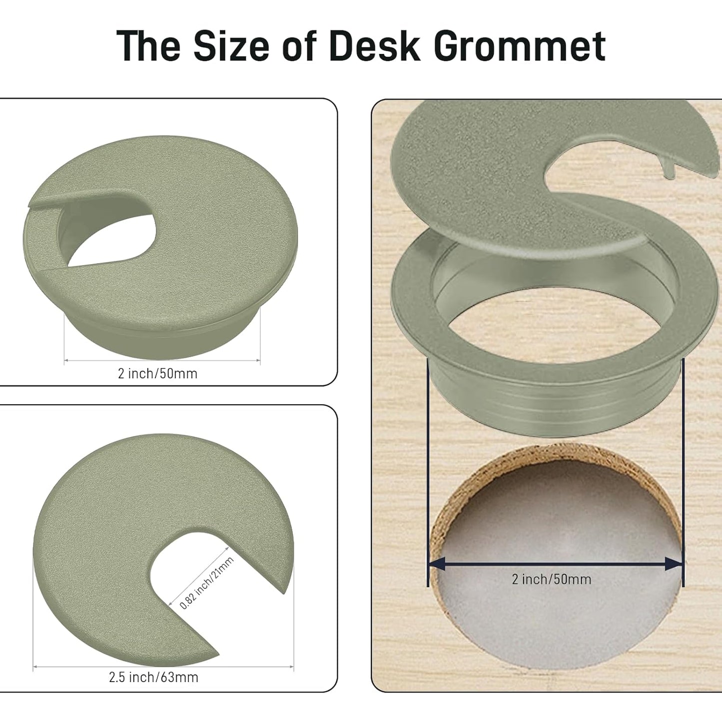 Desk Grommet 2 Inch 2 Pack Sturdy ABS Plastic Desk Hole Cover for Cables Detachable Desk Hole Grommet for Organizing Home & Office Table Cables - Grey