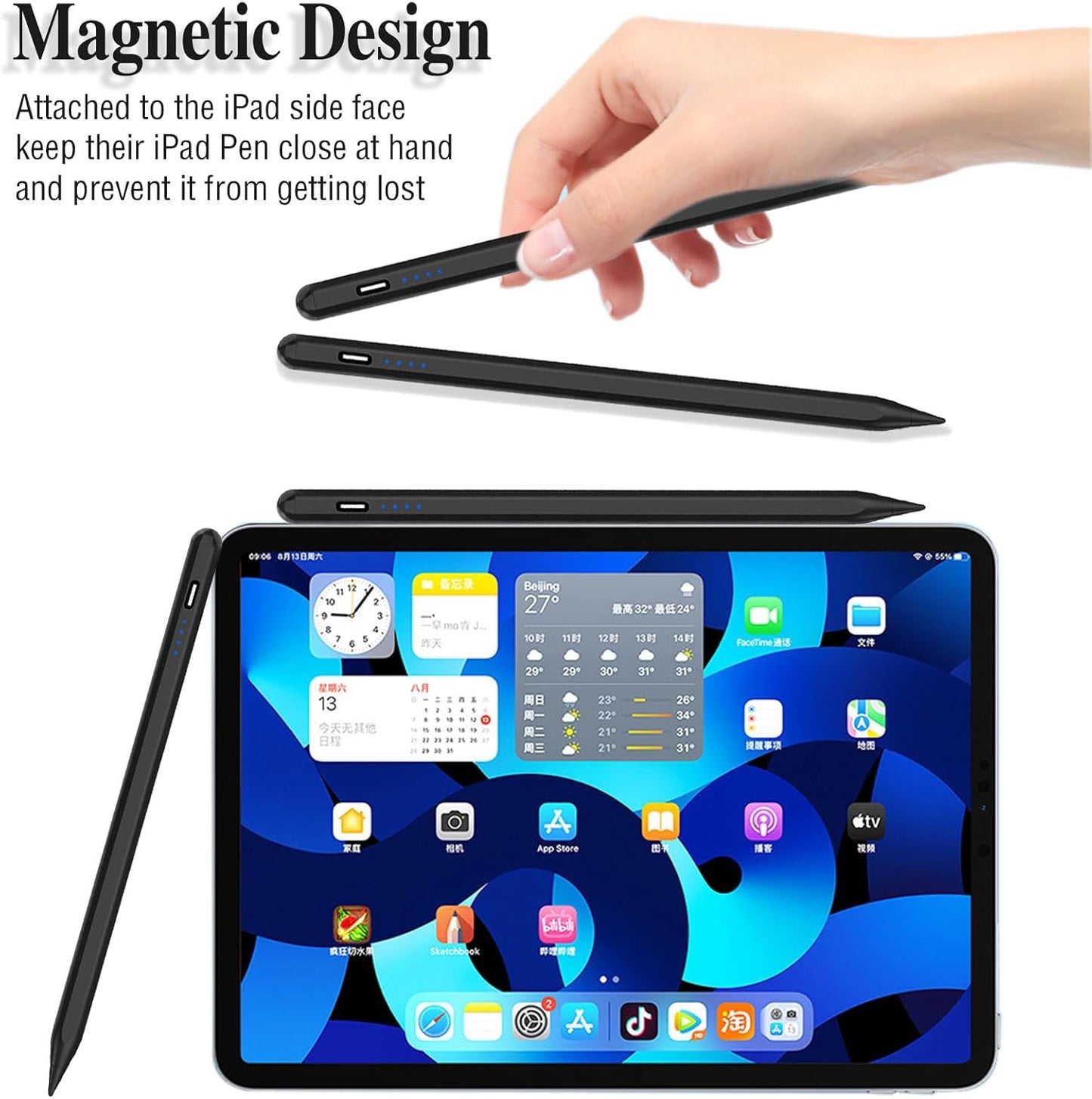 Active Stylus Pens for Touch Screens Rechargeable Tablet Pen POM Tip Magnetic iPad Pencil Stylus Pen for iPad/Pro/Air/Mini/iPhone and Other Smartphone Device-Black