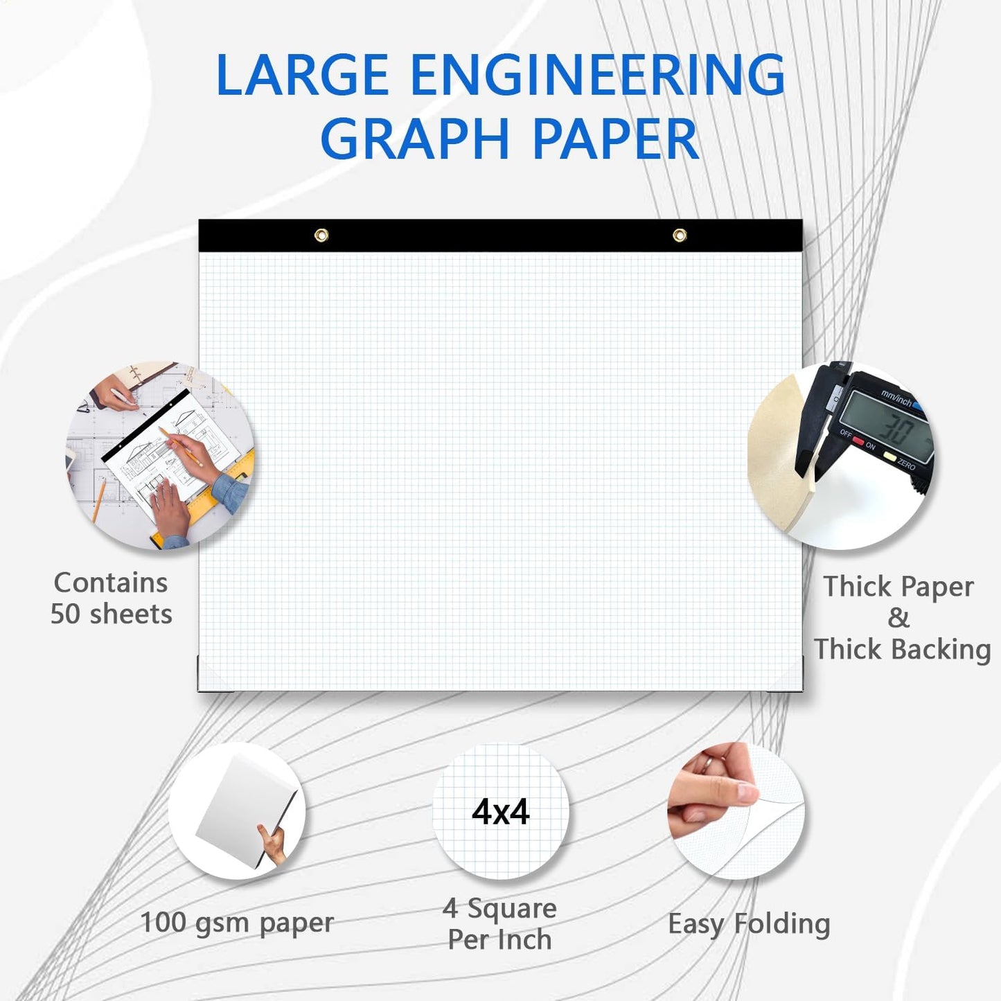 Large Engineering Graph Paper Pad - 50 Sheets/100 Pages, 22" x 17" Quadrille Grid Paper for Drafting, Engineering, Blueprint Drawing, Architect Designers, 4"x4" Blue Grid Paper, Giant Drafting Pad