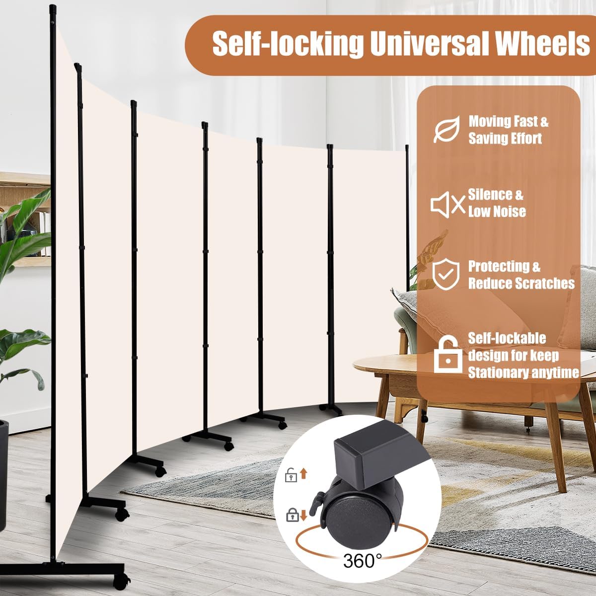 Room Divider Portable 132'' Partition Room Dividers and Folding Privacy Screens 6 Panel Wall Divider for Room Separation, Freestanding Fabric Room Divider Panel with Wheels for Home Office Hospital