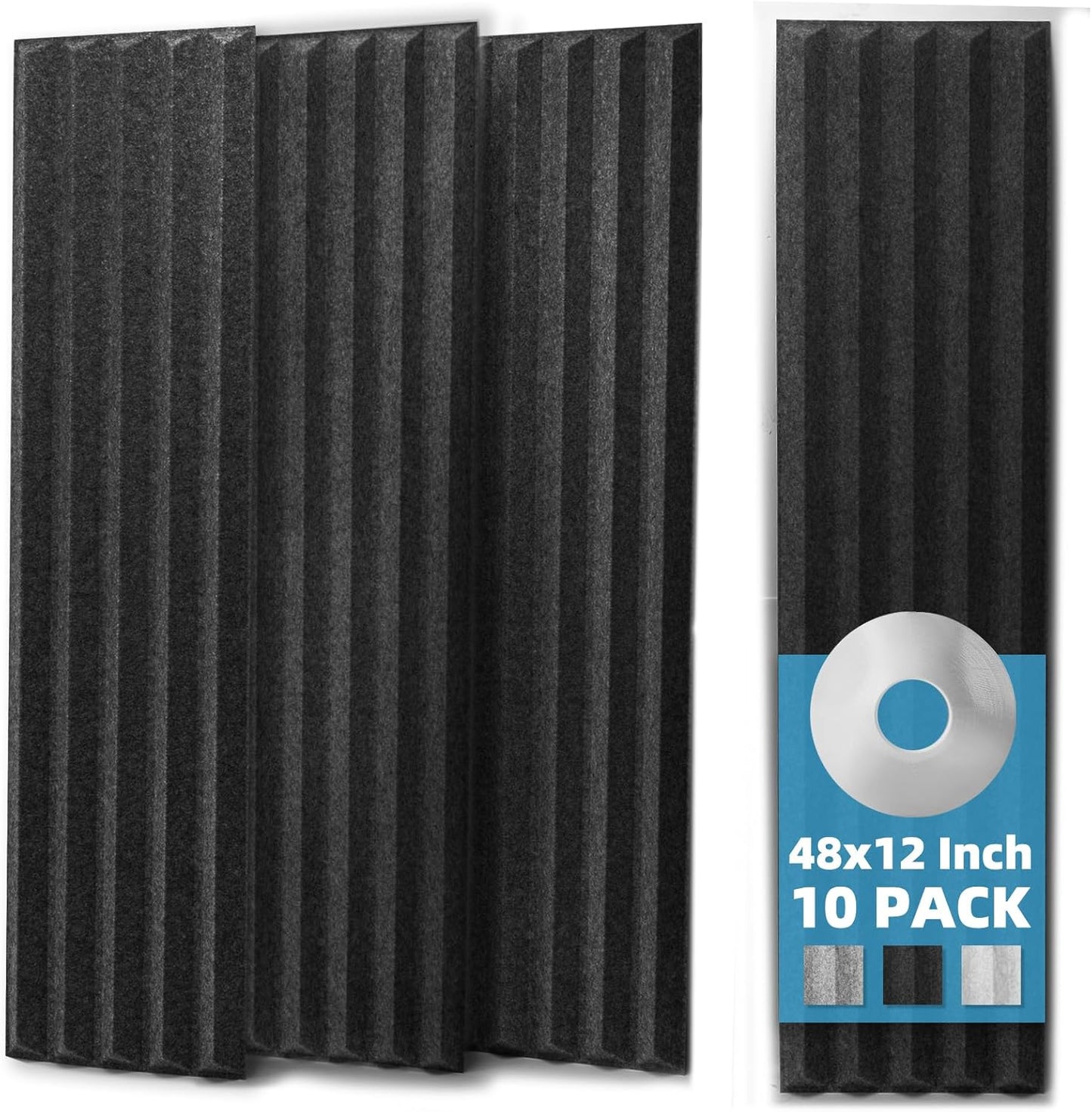 Art3d 10-Pack Peel and Stick Acoustic Panels with Acrylic Tape - 12 x 48 inches, Self Adhesive Sound Absorbing Polyester Wall Panels for Home Office Studio, Black