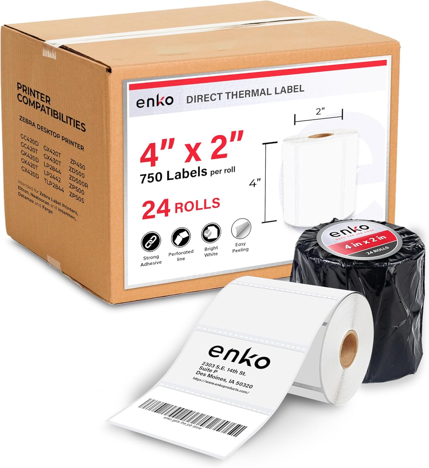 enKo 4" x 2" Labels for Zebra Desktop Printers (24 Rolls | 18,000 Labels) - Direct Thermal Address Mailing Shipping Barcode FBA Stickers FNSKU Label for Zebra and Eltron (Perforated)
