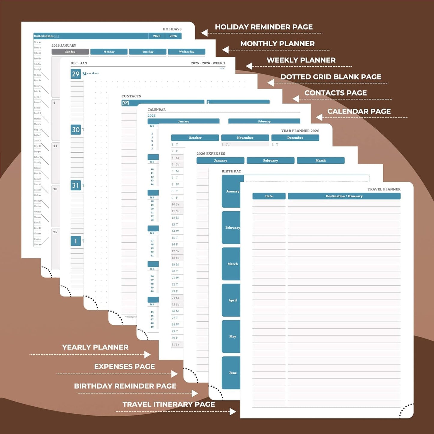 Planner 2026 Daily Weekly and Monthly,8.5"x6.5",12 Months Spiral Bound Calendar Agenda with Self-adhesive Pen Holder,2026 Appointment Book with Vegan Leather Soft Cover,Brown