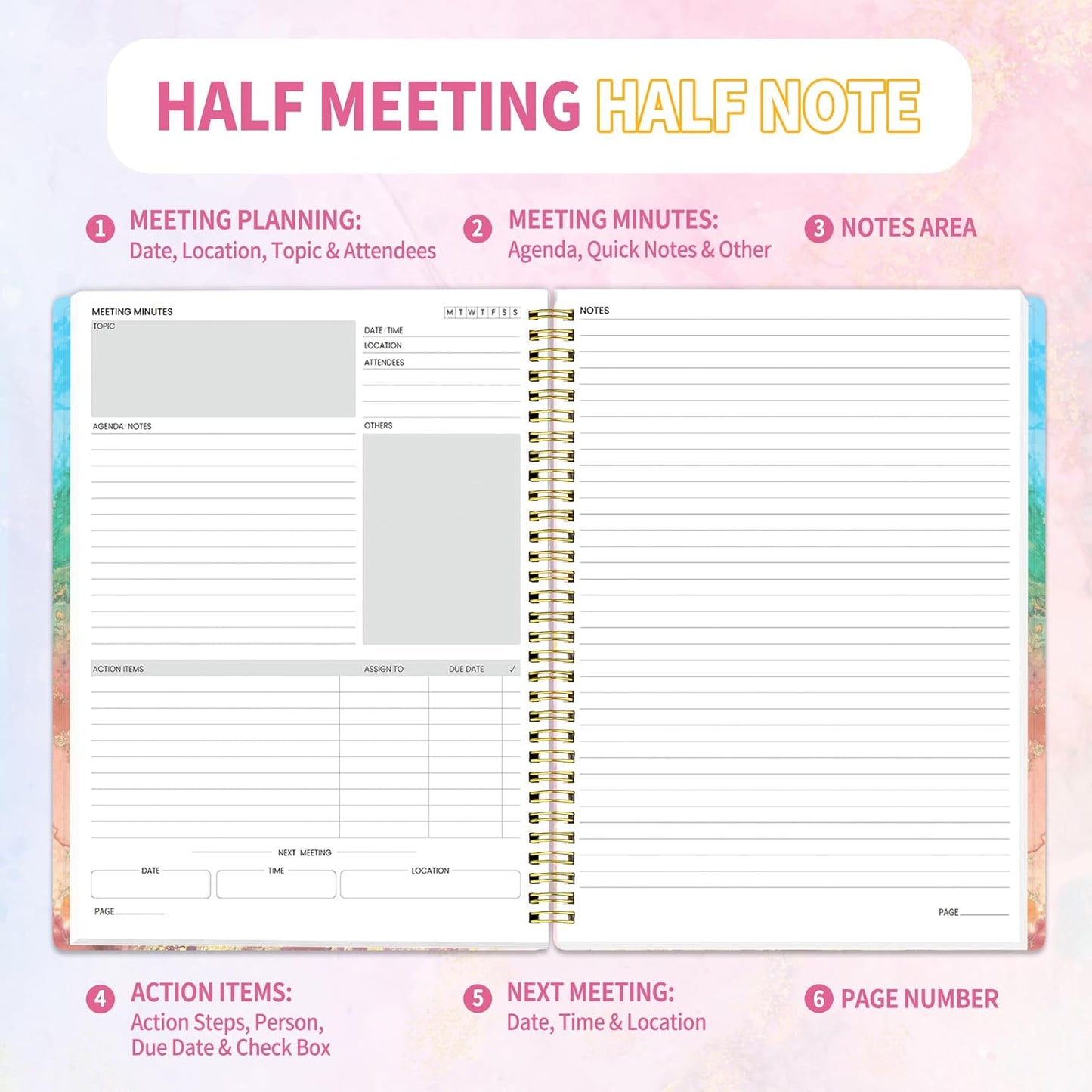 SUNEE Half Meeting Half Note - 8.5"x11" Professional Notebooks for Work - 160 Pages, A4 Size Project Planner, Spiral Meeting Agenda/Minutes Organizer for Women Men, Note Taking, Office & Business