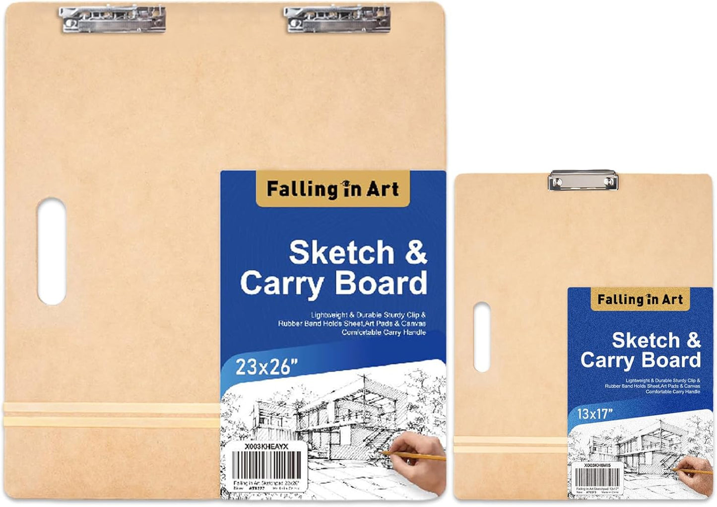 Falling in Art 13X17 & 23X26 Sketch Board Set, Drawing Tote Board for Artists with Sturdy Clip and Rubber Bands, Portable Art Clipboard for Classroom and Studio Drawing
