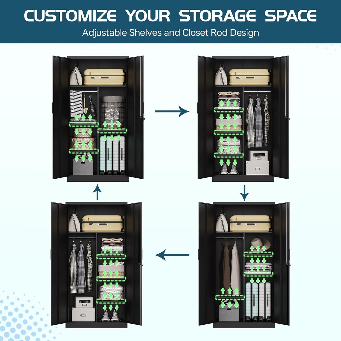 MIIIKO Steel Cabinet Wardrobe, Metal Locker Cabinet with Hanging Rod, Metal Clothing Locker Storage for Home, Office, Garage and Changing Room