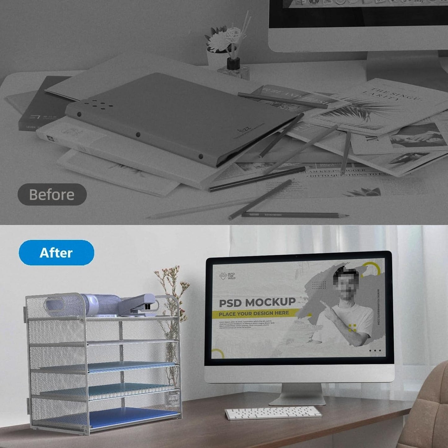 Letter Tray Paper Organizer 5-Tier Desk Organizer File Organizer Paper Holder with Handle, Metal Desktop Document Shelf Tray Office Classroom Organization - Silver