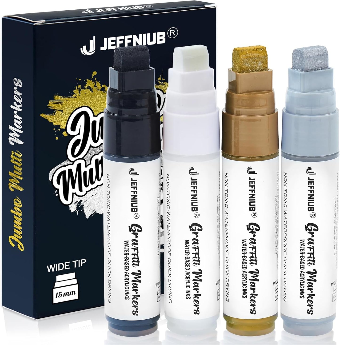 Paint Markers White/Black/Gold/Silver, 4Pcs Jumbo Acrylic Paint Markers Fat Wide Nibs 15mm, Acrylic Paint Pens for Stone, Metal, Wood, Glass, Canvas, Posters Supplies