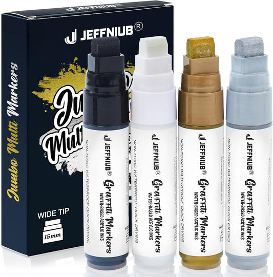 Paint Markers White/Black/Gold/Silver, 4Pcs Jumbo Acrylic Paint Markers Fat Wide Nibs 15mm, Acrylic Paint Pens for Stone, Metal, Wood, Glass, Canvas, Posters Supplies