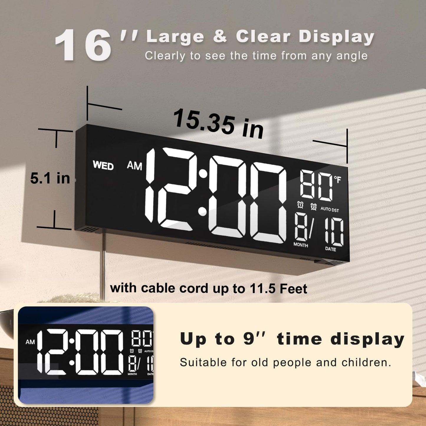 JALL 16" Large Digital Wall Mount Clock, Count Down Timer, Alarm, Big LED, DST, Temperature for Living Room Classroom Desk, Xmas, Birthday Gift for Senior Men Women Mom Dad, White