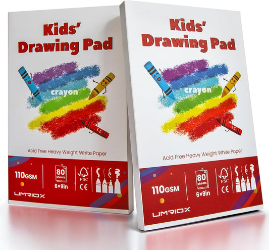 Umriox Drawing Pad for Kids, 6" x 9" Sketch Book, 2-Pack Sketch Pad (80 Sheets Each), 110gsm Acid-Free Drawing Paper, Glue-Bound Art Sketchbook for Kids' Classroom, Travel & School Art Supplies