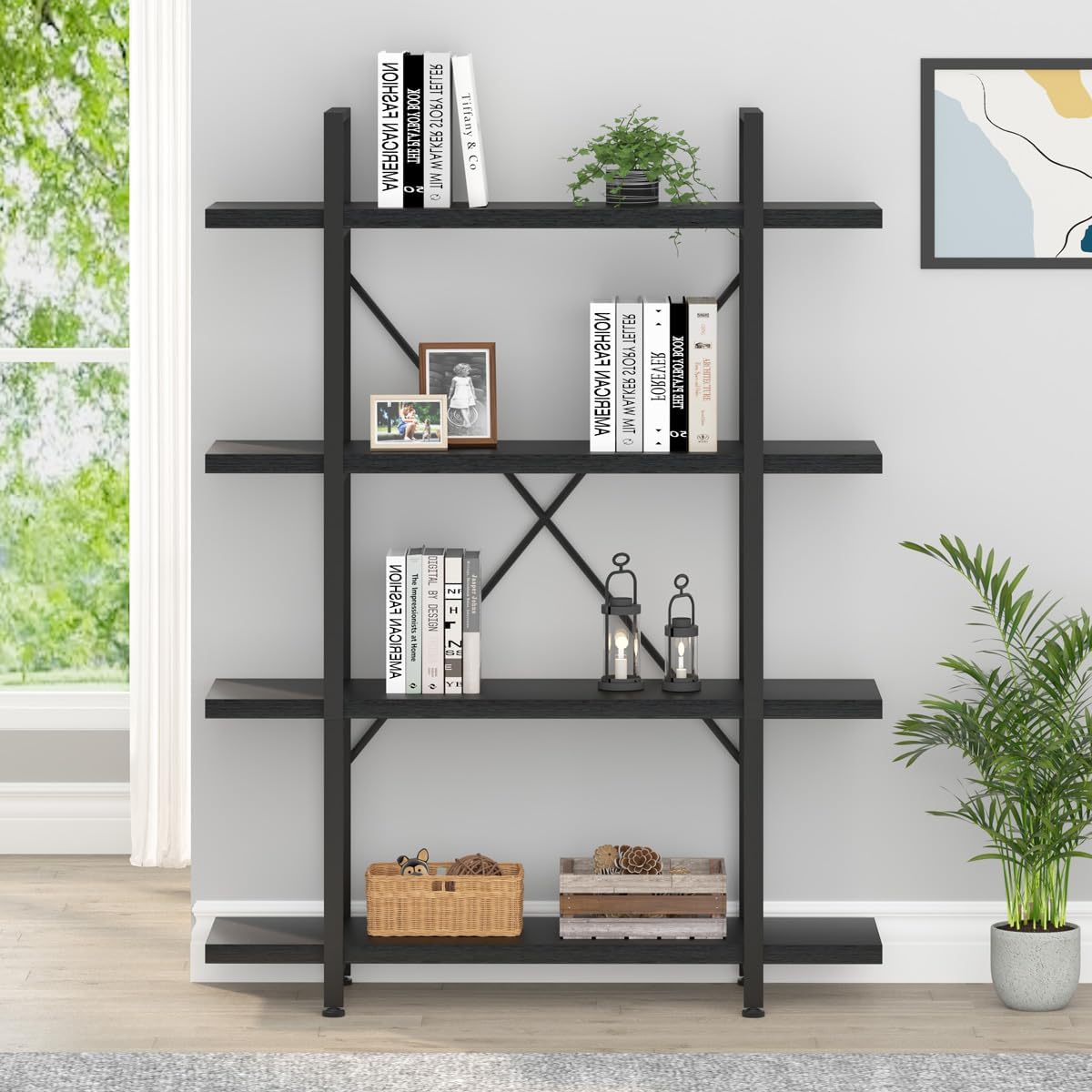 HSH 4 Tier Black Bookshelf, Industrial Metal Wood Storage Book Shelves, Modern Open 4 Shelf Bookcase and Display Etagere, Vertical Book Shelf for Bedroom Living Room Office
