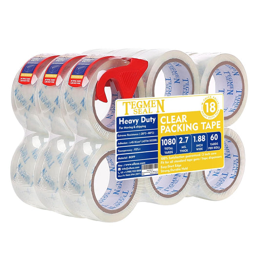 Heavy Duty Clear Packing Tape with Dispenser Combo for Shipping, Moving & Storage,Thicker Clear Packing Tape, 1.88 inches Wide, 60 Yards Per Roll, 18 Pack 1080 Total Yards