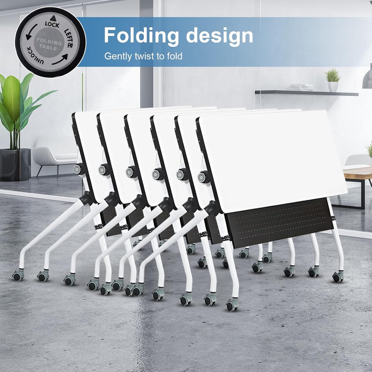 Conference Table, Folding Conference Room Tables, Mobile Training Tables with Silent Wheels, Large Rectangular Modular Seminar Table Office Computer Desks for Classroom White (8Pack L70.9in)